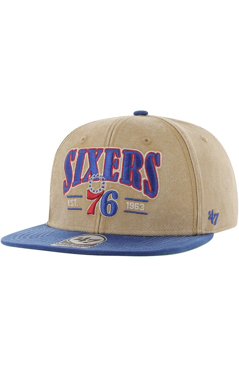 '47 Men's '47 Khaki/Royal Philadelphia 76ers Chilmark Captain Snapback Hat, Main, color, Khaki