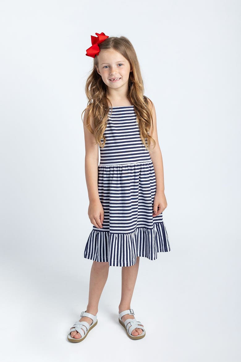 Navy Stripe Knit Dress With Shirred Skirt, Alternate, color, Navy / White