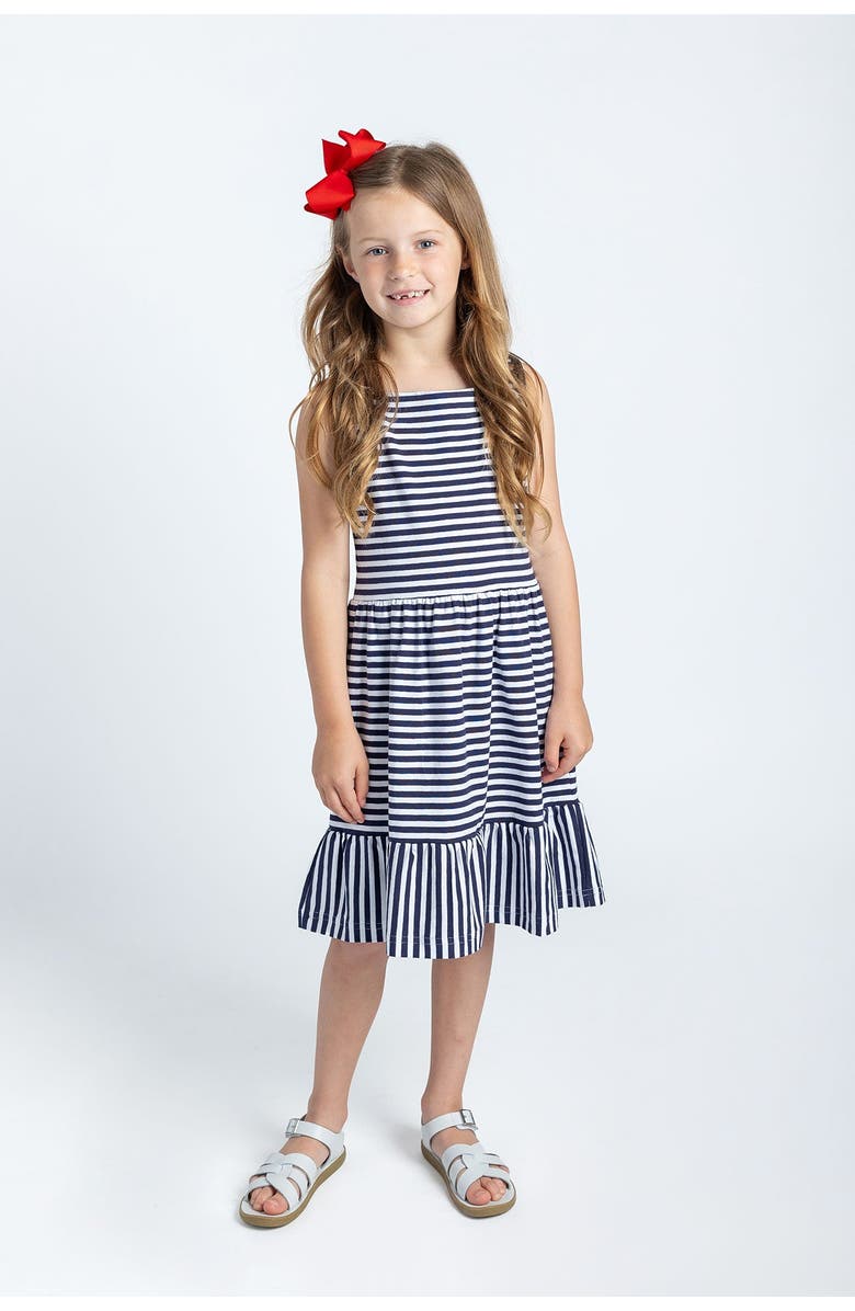 Florence Eiseman Navy Stripe Knit Dress With Shirred Skirt, Alternate, color, Navy / White