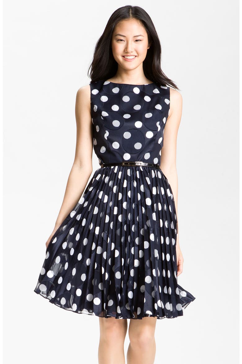 Pleated Burn Out Dot Fit & Flare Dress, Main, color, NAVY