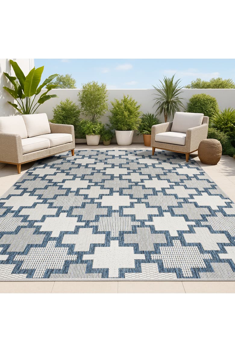 Cyrus Modern Geometric Tile Pattern Indoor/Outdoor Area Rug, Alternate, color, Navy/Cream