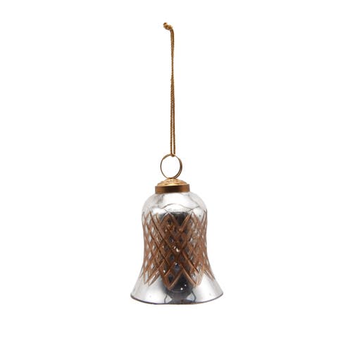 Hand-Painted Cut Mercury Glass Bell Ornament with Diamond Pattern, Silver Finish