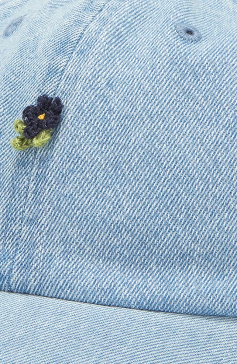 Clare V. Crochet Appliqué Denim Baseball Cap, Alternate, color, Light Denim W/ Floral Applique