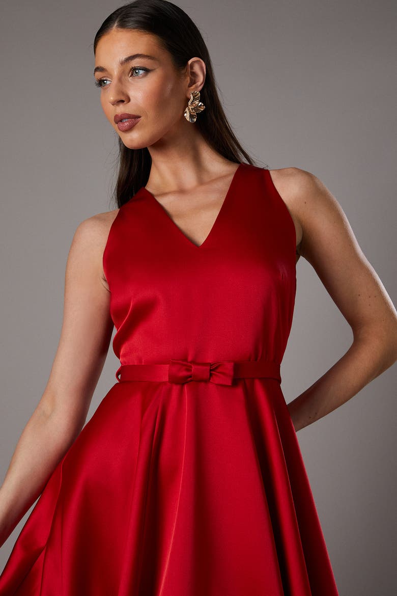 Bow Trim V-Neck Volume Skirt Midi Dress, Alternate, color, Red
