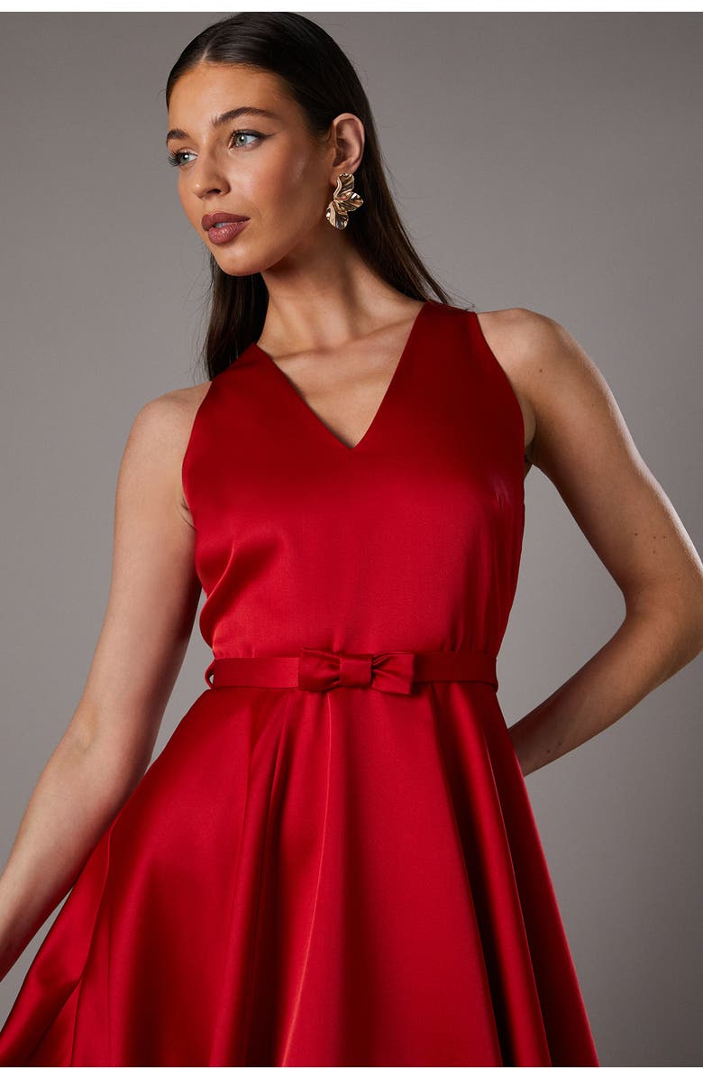 Coast Bow Trim V-Neck Volume Skirt Midi Dress, Alternate, color, Red