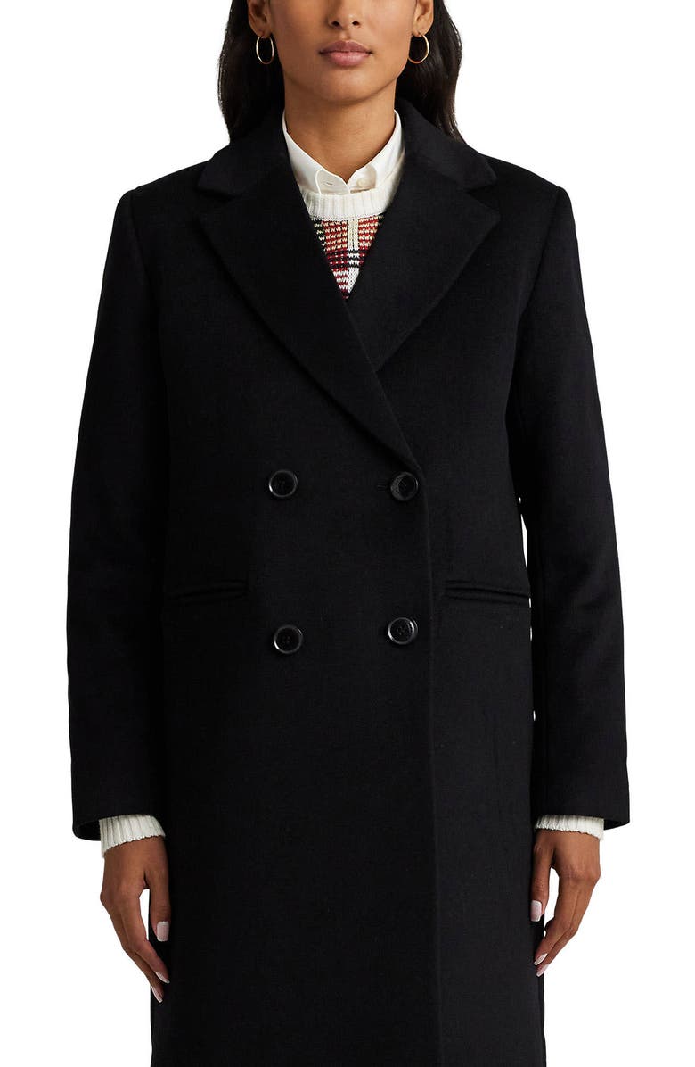 Lauren Ralph Lauren Double Breasted Wool Blend Reefer Coat, Alternate, color, Black