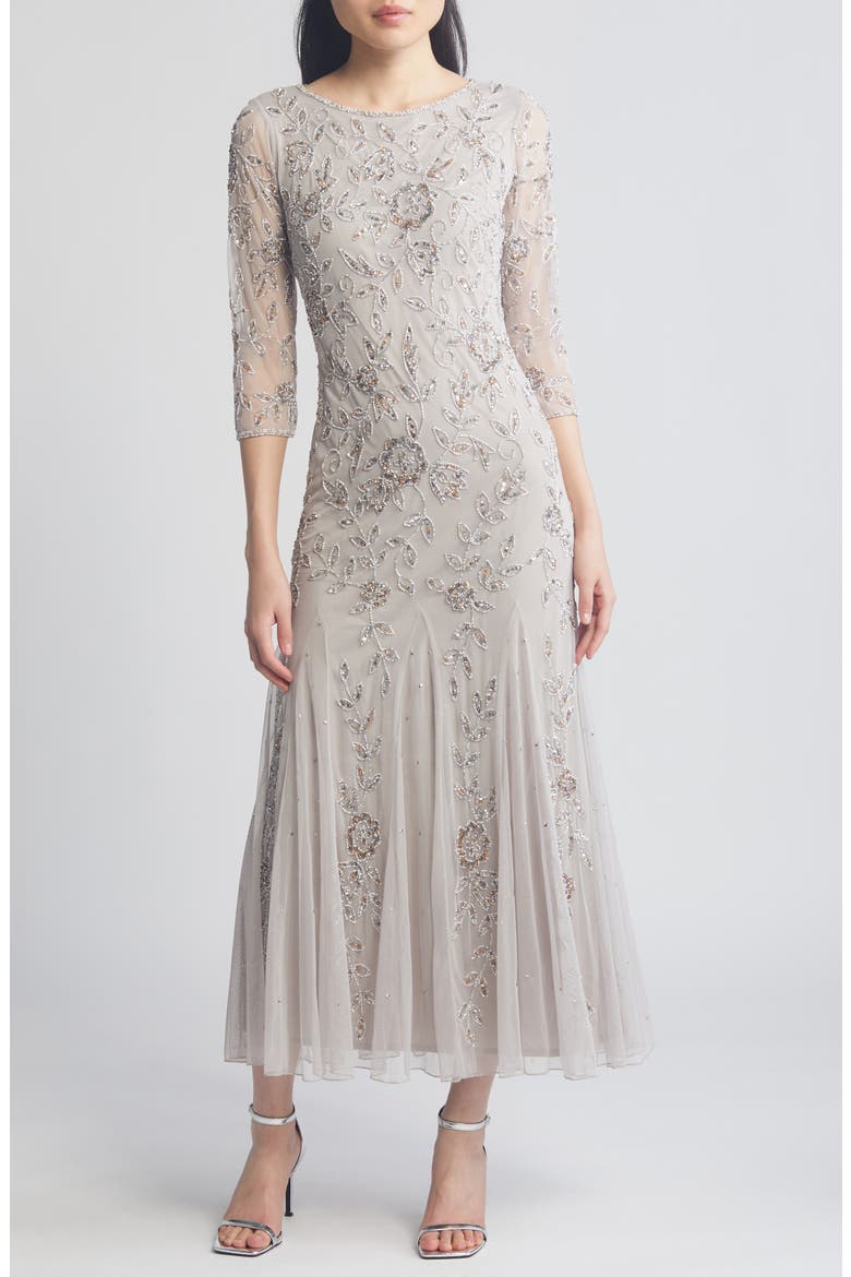 Floral Beaded Tulle Gown, Main, color, SILVER 040