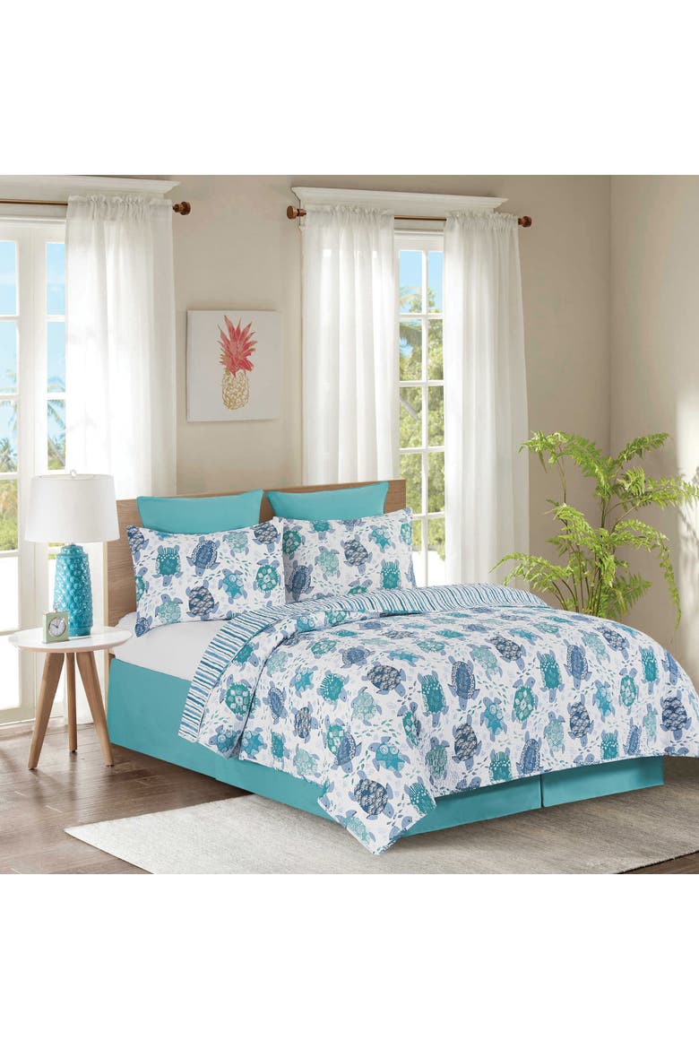 Turtle Bay Beach Coastal Cotton Quilt Set  - Reversible and Machine Washable, Main, color, Blue