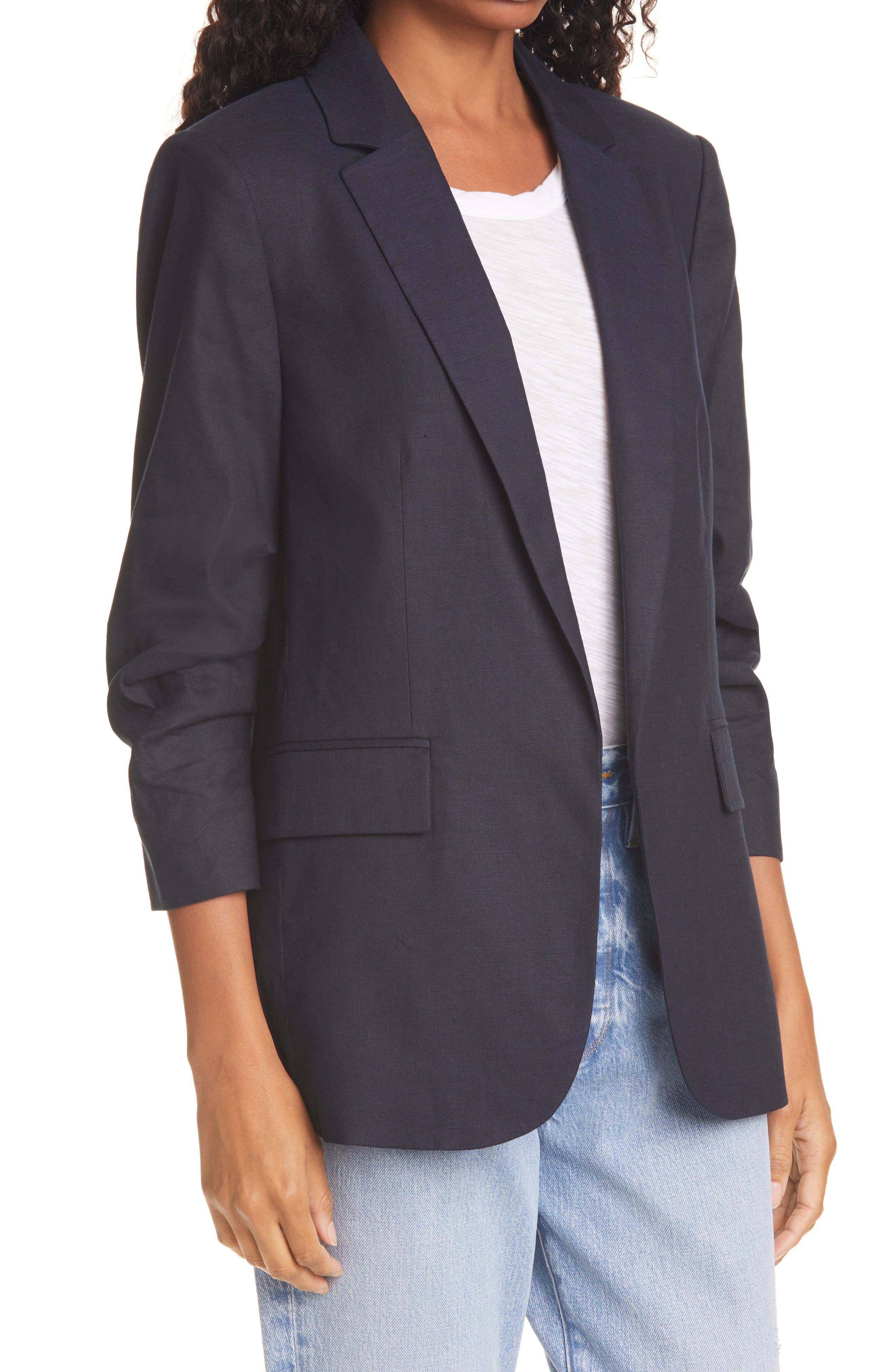 FRAME Ruched Sleeve Boyfriend Linen Blend Blazer (Women) | Nordstromrack