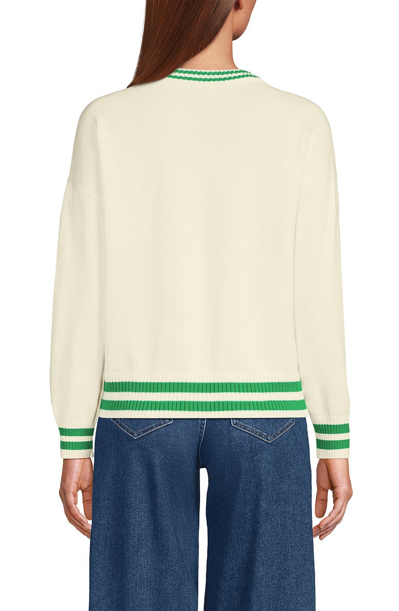 Lands' End Cotton Drifter Shaker V-neck Sweater, Alternate, color, Fresh Ivory/Clover Tip
