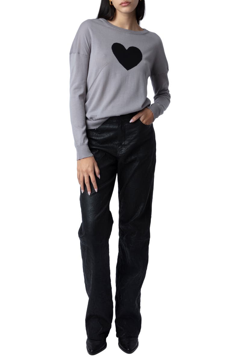 Zadig & Voltaire Gaby Intarsia Heart Wool Crewneck Sweater, Alternate, color, Gris Chine