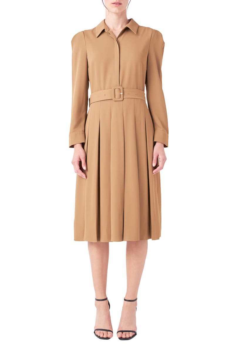 English Factory Pleated Long Sleeve Shirtdress, Main, color, Camel
