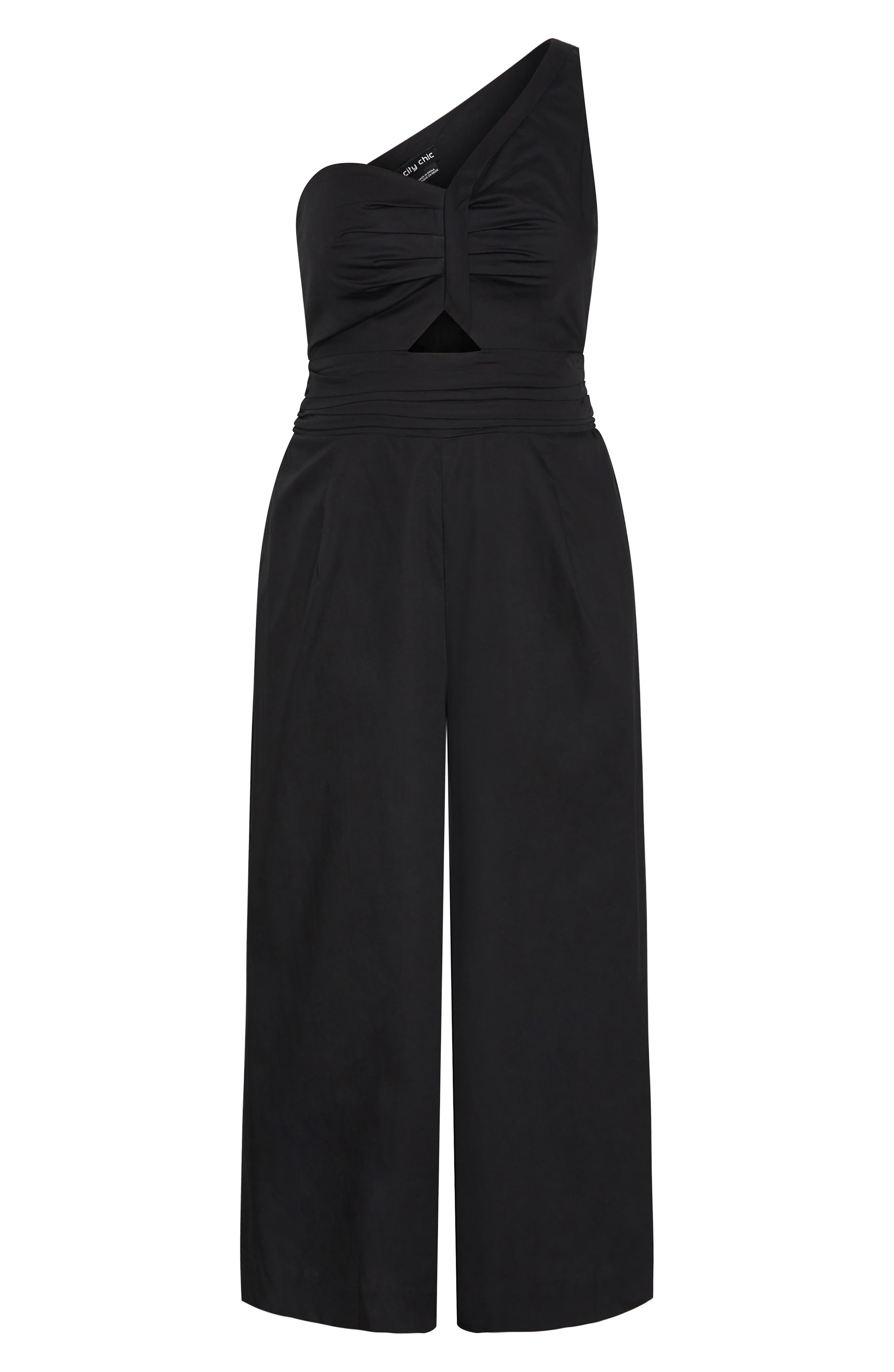 City Chic Rebecca One-shoulder Cotton Jumpsuit In Black