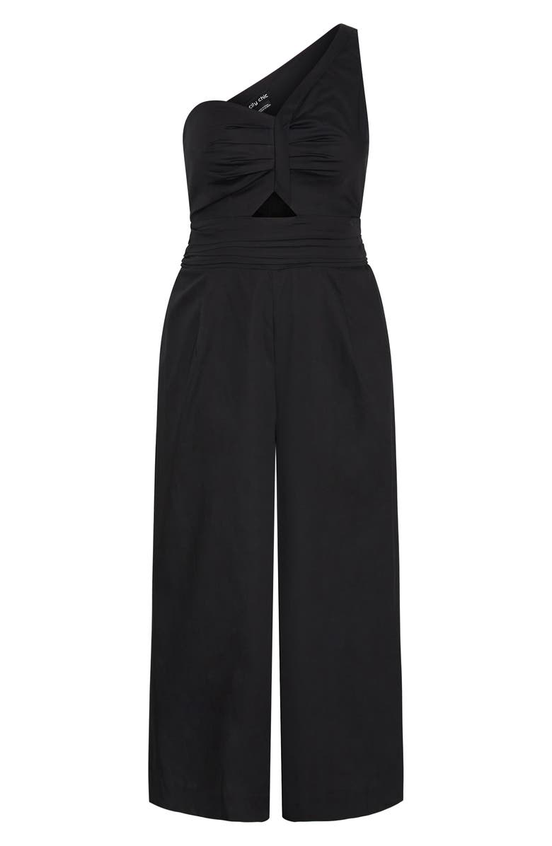 City Chic Rebecca One-Shoulder Cotton Jumpsuit, Main, color, Black