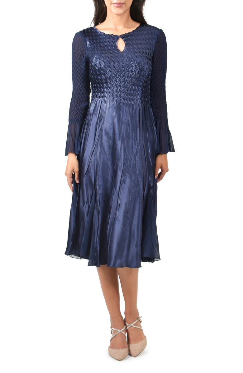 Komarov Long Bell Sleeve Charmeuse & Chiffon Midi Dress, Main, color, 