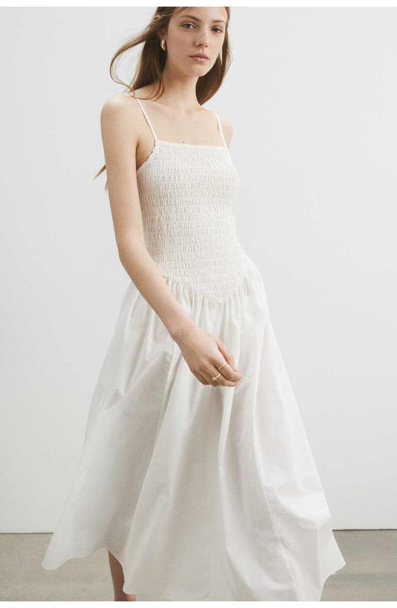 H&M Smocked Flared-skirt Dress, Alternate, color, White