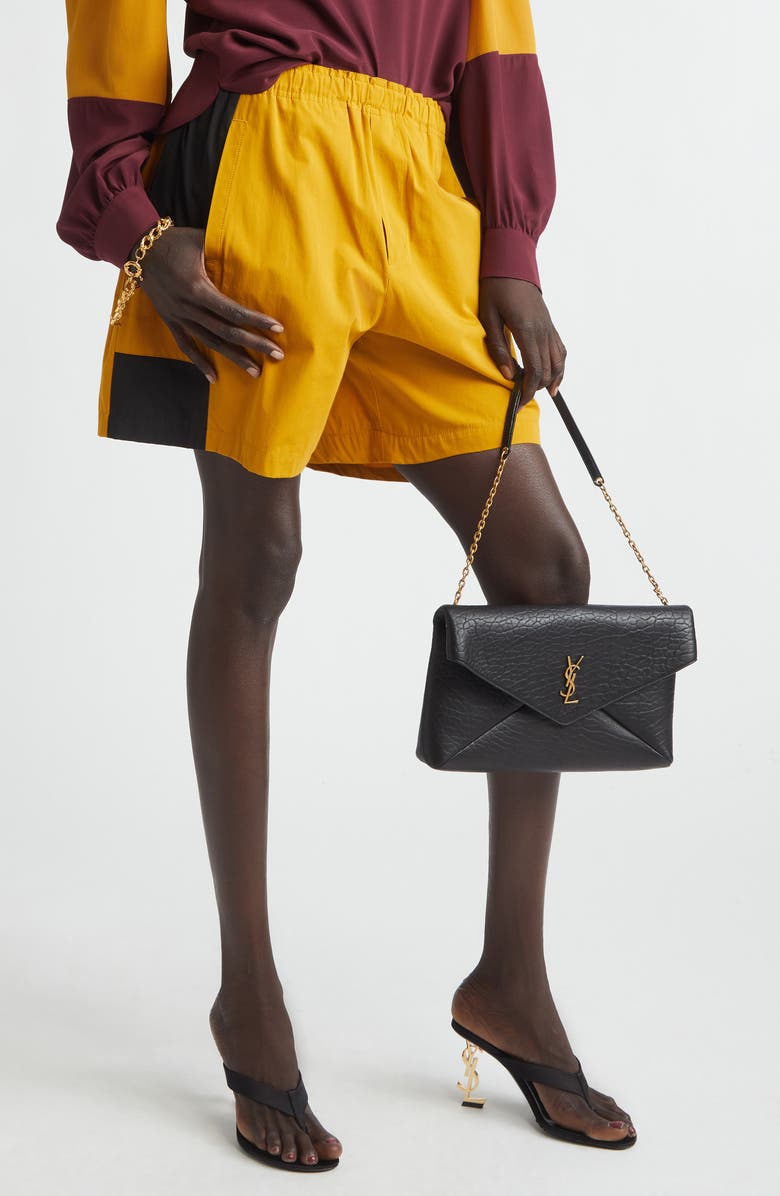 Saint Laurent Cassandre Lambskin Leather Pouch on a Chain, Alternate, color, Noir