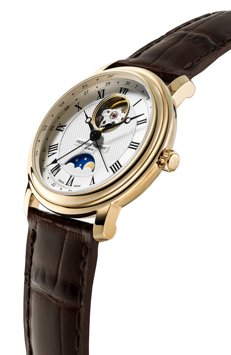 FREDERIQUE CONSTANT Classics Heartbeat Moon Phase Leather Strap Watch, 40mm, Alternate, color, Gold-Tone