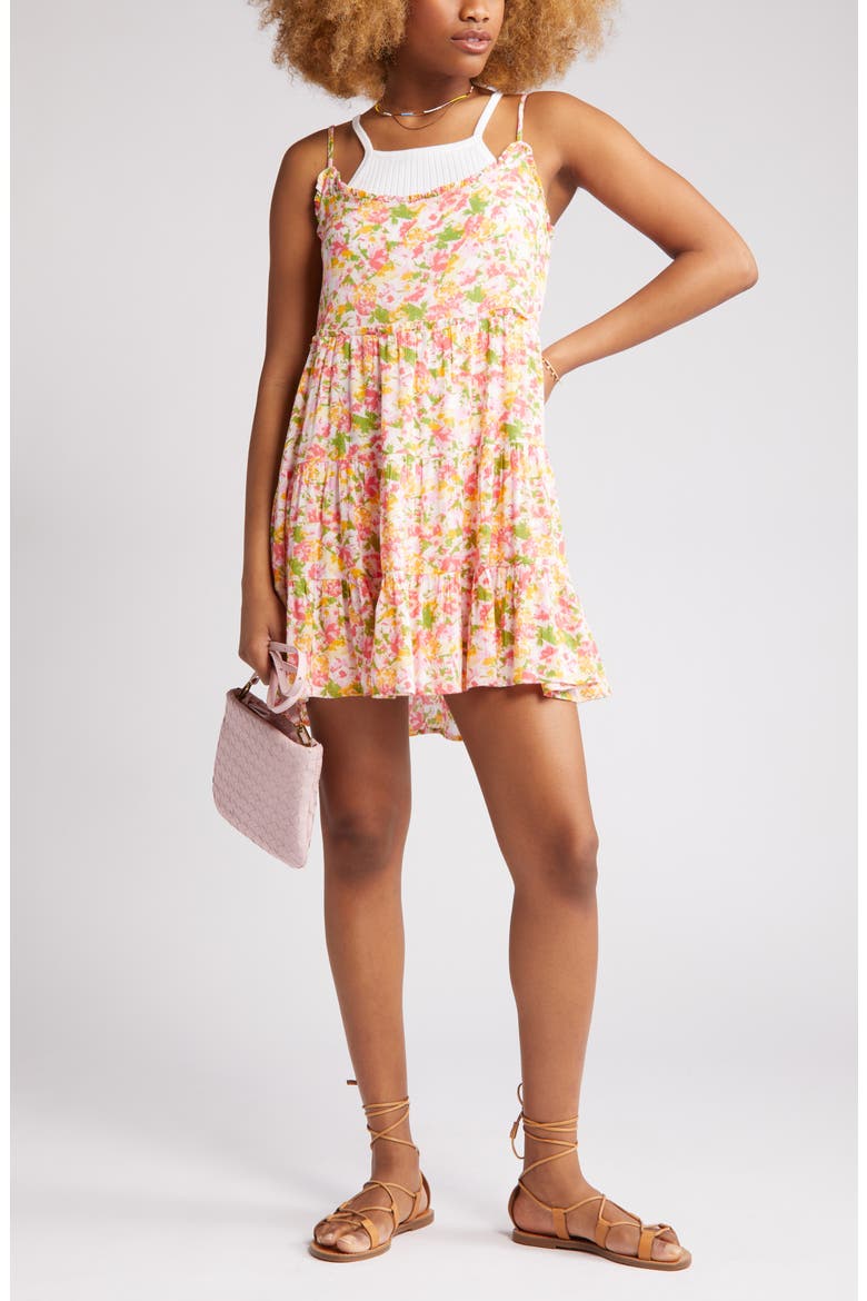 Floral Print Tiered Babydoll Sundress, Main, color, PINK REFLECTION FLORAL