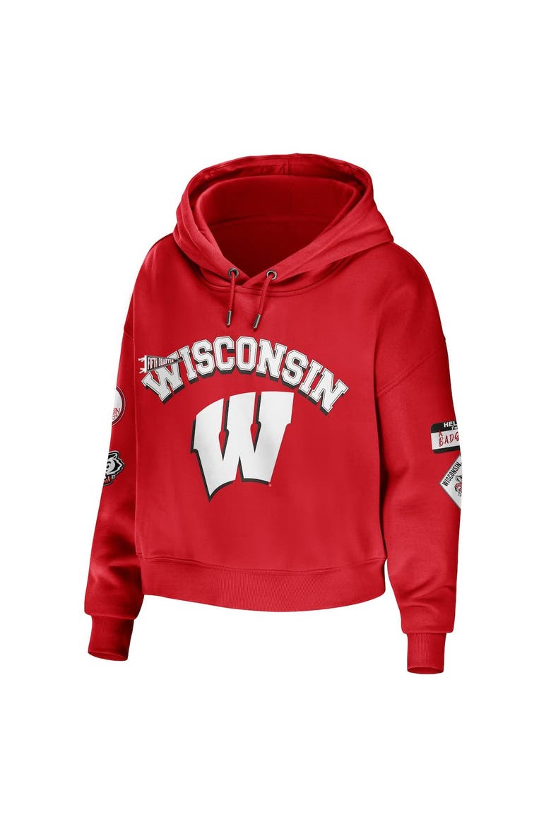 Women's WEAR by Erin Andrews Red Wisconsin Badgers Mixed Media Cropped Pullover Hoodie, Alternate, color, Red