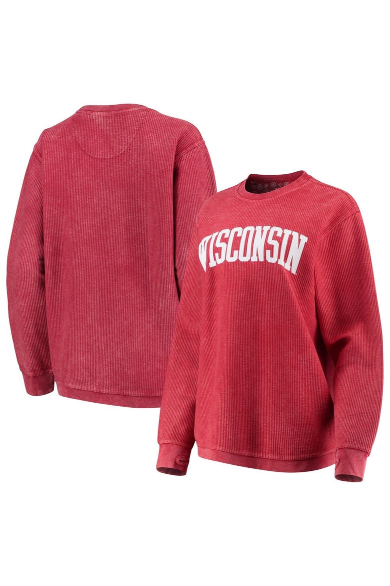 Women's Pressbox Red Wisconsin Badgers Comfy Cord Vintage Wash Basic Arch Pullover Sweatshirt, Alternate, color, RED