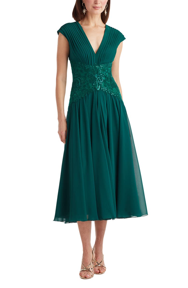 Tadashi Shoji Sequin Pleated Chiffon Midi Dress, Main, color, Elm