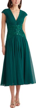 Tadashi Shoji Sequin Pleated Chiffon Midi Dress