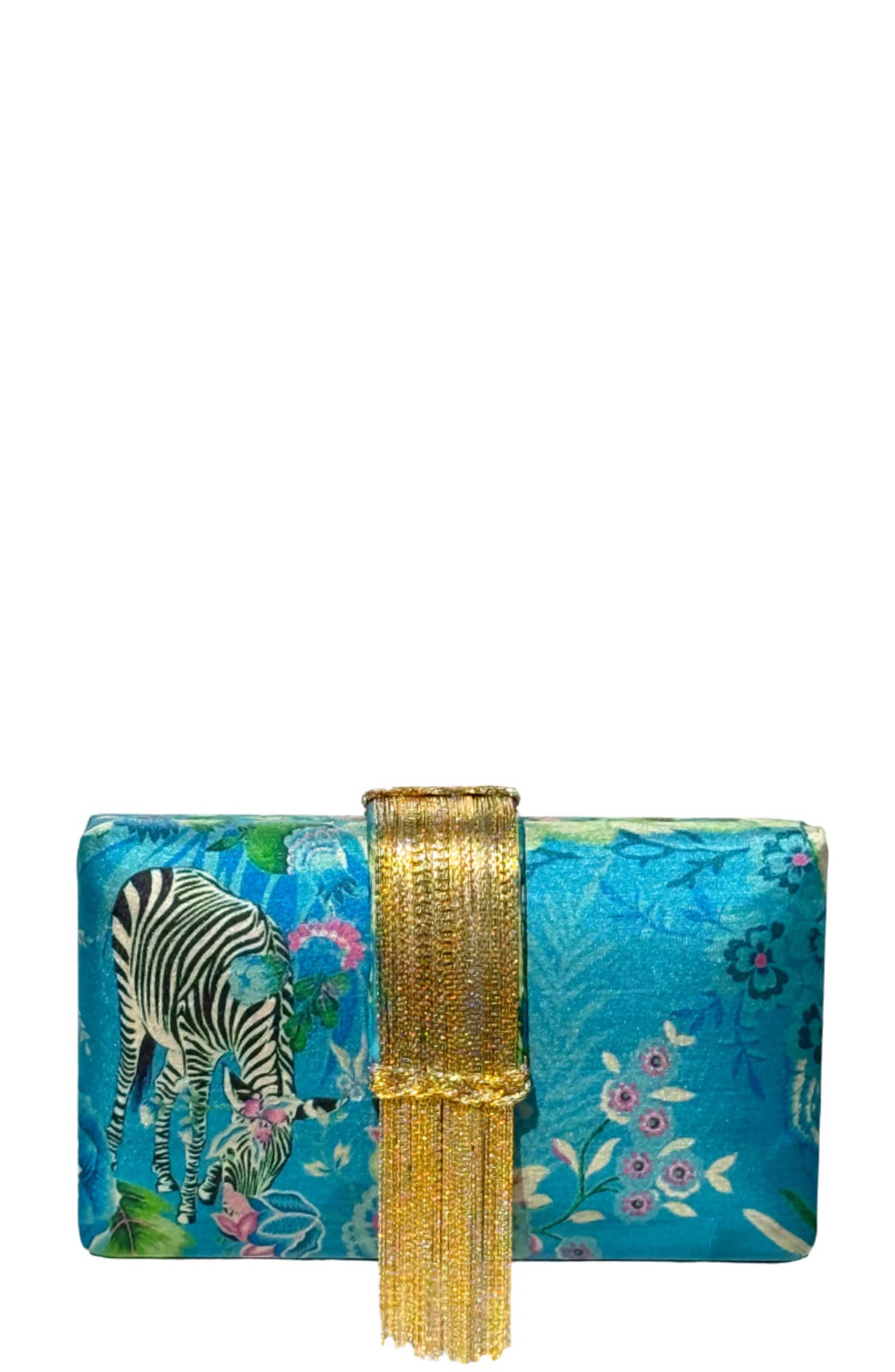 Simitri Printed Fringe Clutch, Main, color, Safari Blue