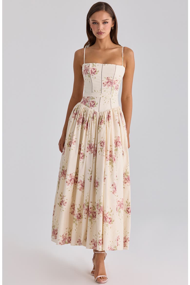 Ysabella Floral Stretch Cotton Maxi Sundress, Alternate, color, IVORY VINTAGE ROSE PRINT