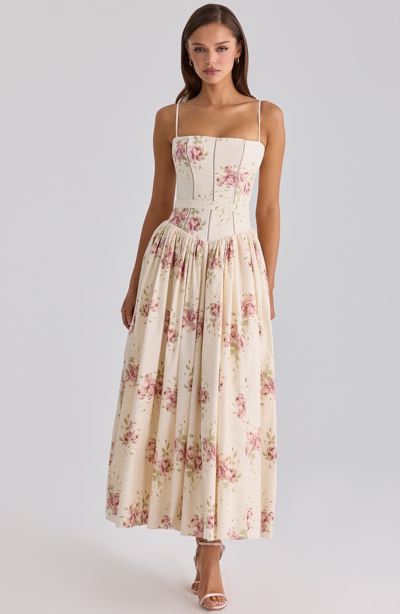 HOUSE OF CB Ysabella Floral Stretch Cotton Maxi Sundress, Alternate, color, Ivory Vintage Rose Print