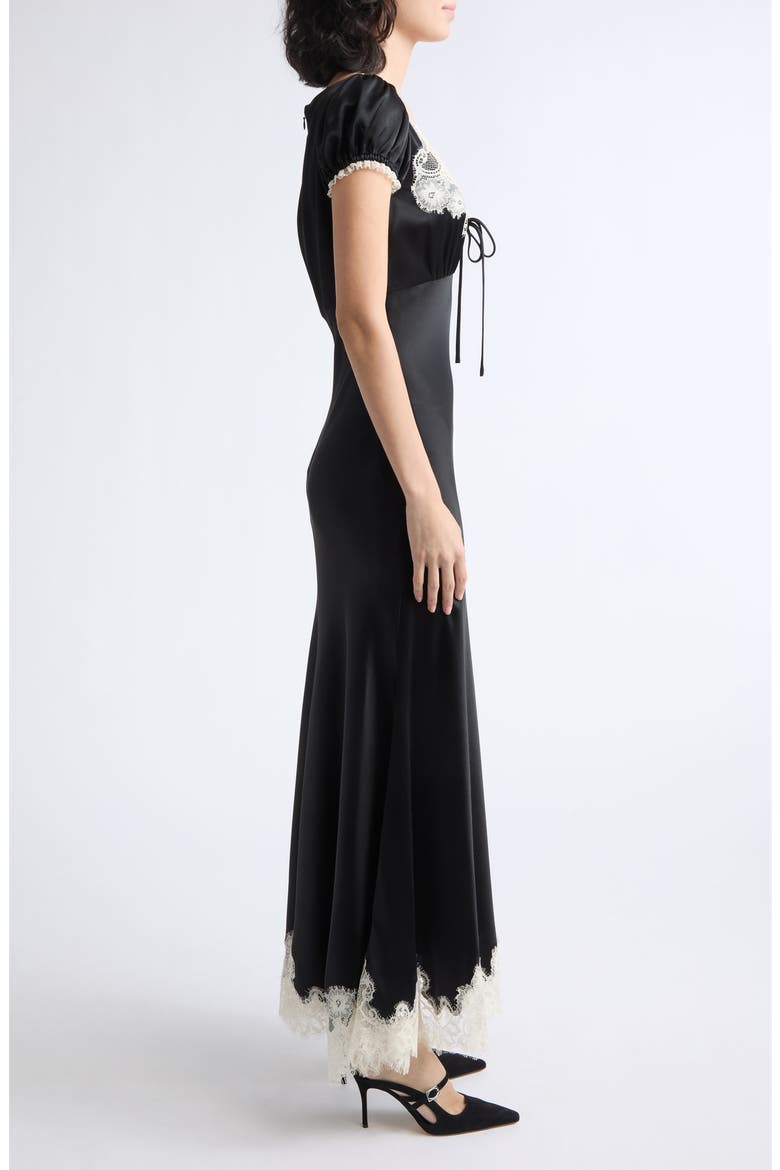 Sienne Lace Trim Satin Midi Dress, Alternate, color, BLACK/ GARDENIA