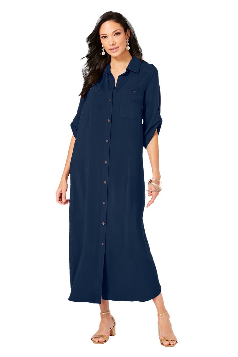 Collared Button Front Dress, Main, color, NAVY