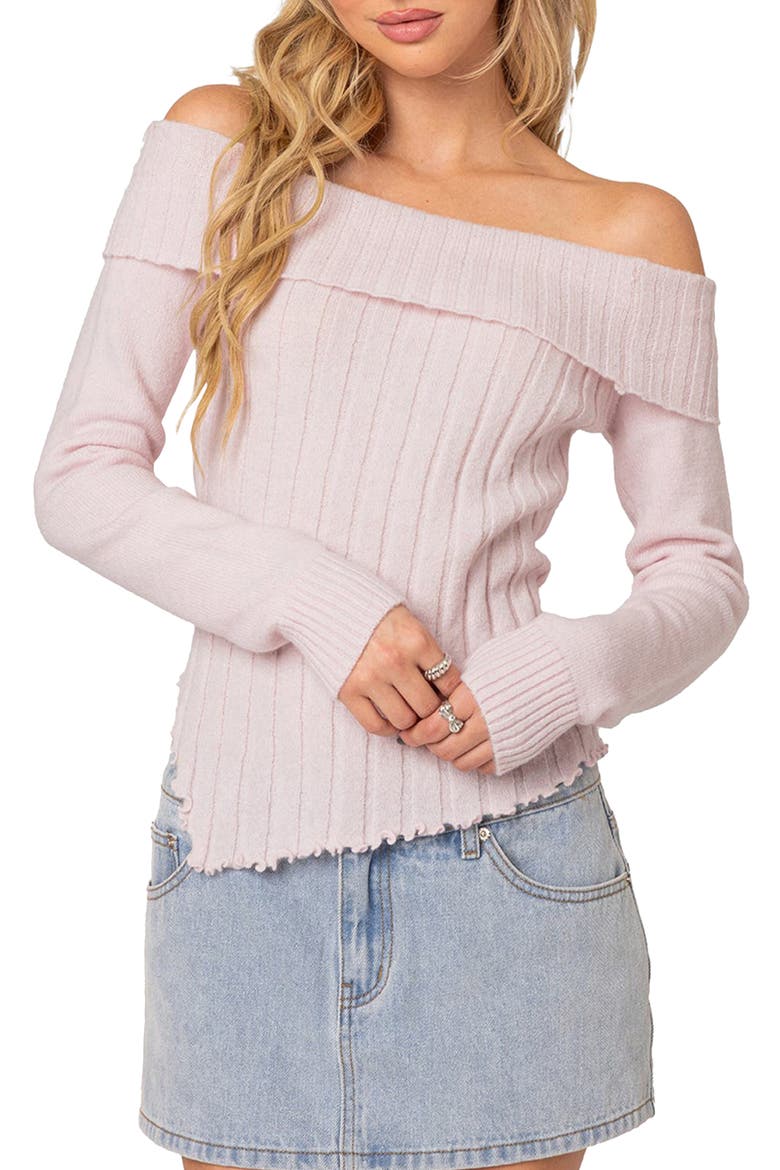 Sonya Foldover Off the Shoulder Rib Sweater, Main, color, LIGHT-PINK