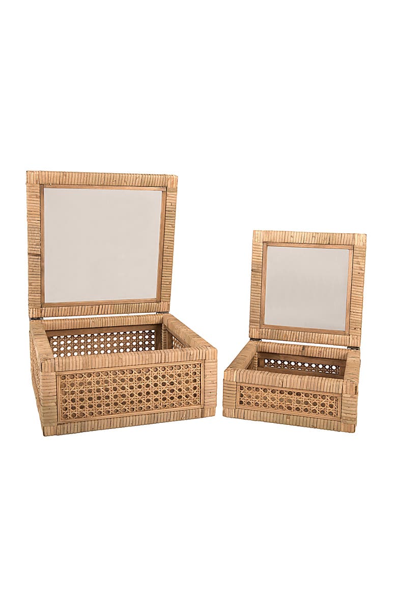 Woven Wood and Rattan Display Boxes with Glass Lids, Natural, Set of 2, Alternate, color, Natural