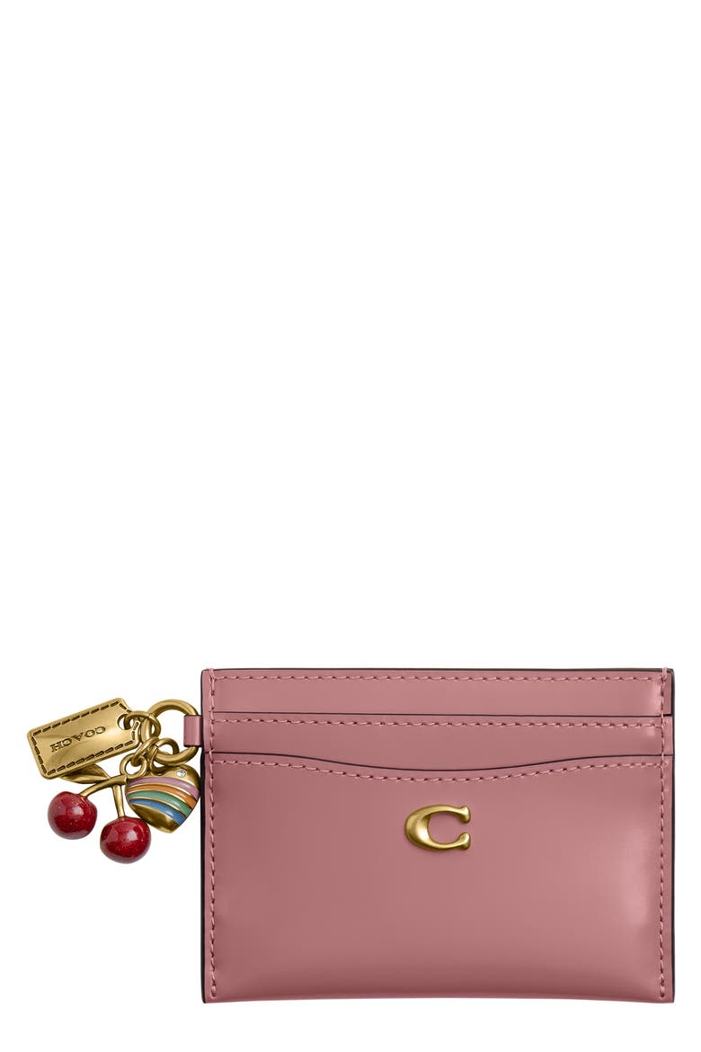 Charm Detail Leather Card Card, Main, color, B4/ PEONY