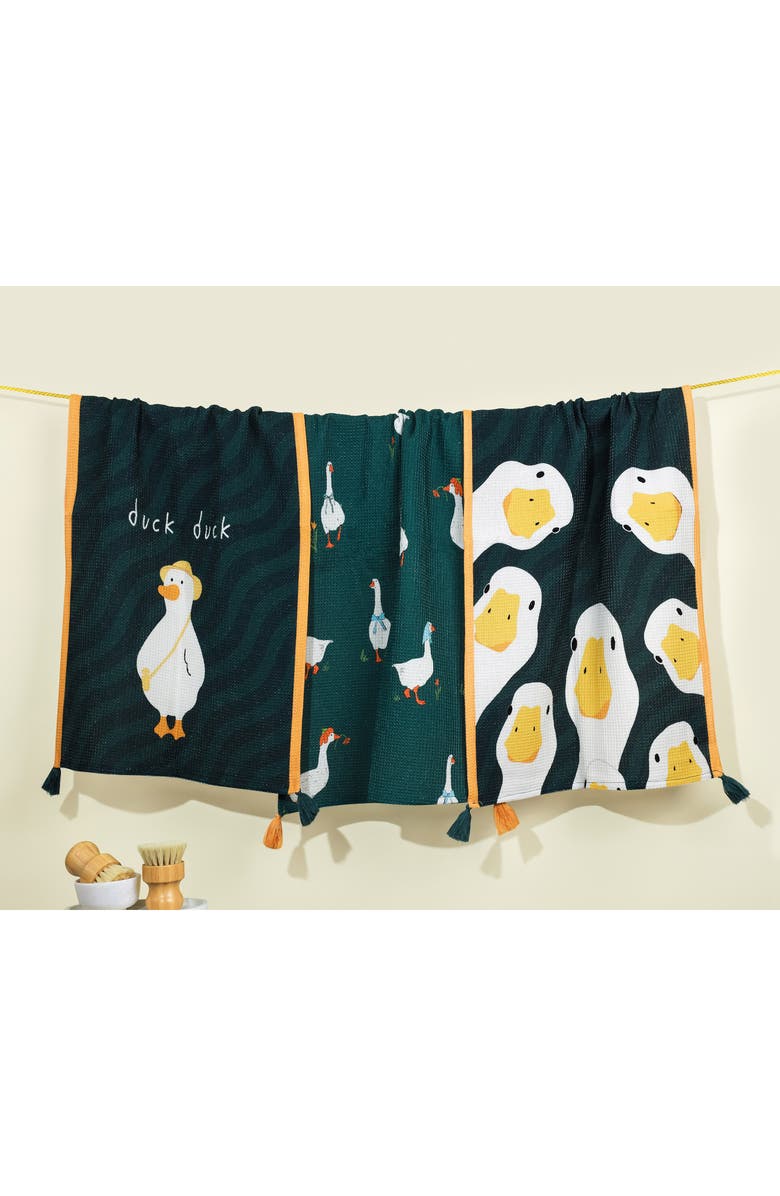 Tiramisu The Anatole Duck Set of 3 Cotton Kitchen Towels, Alternate, color, Hunter Green/ Marigold