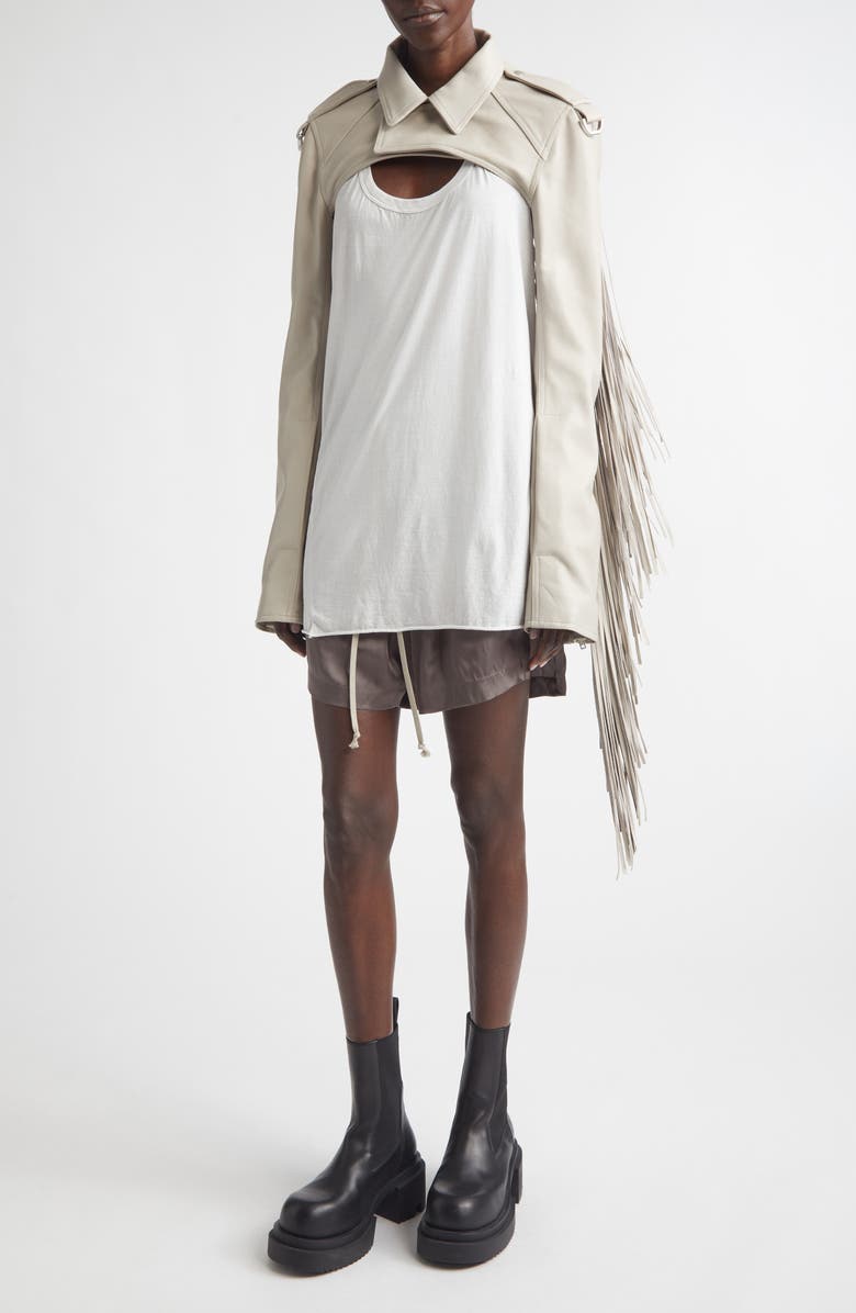 Rick Owens Fringe Leather Microbiker Jacket, Alternate, color, Pearl