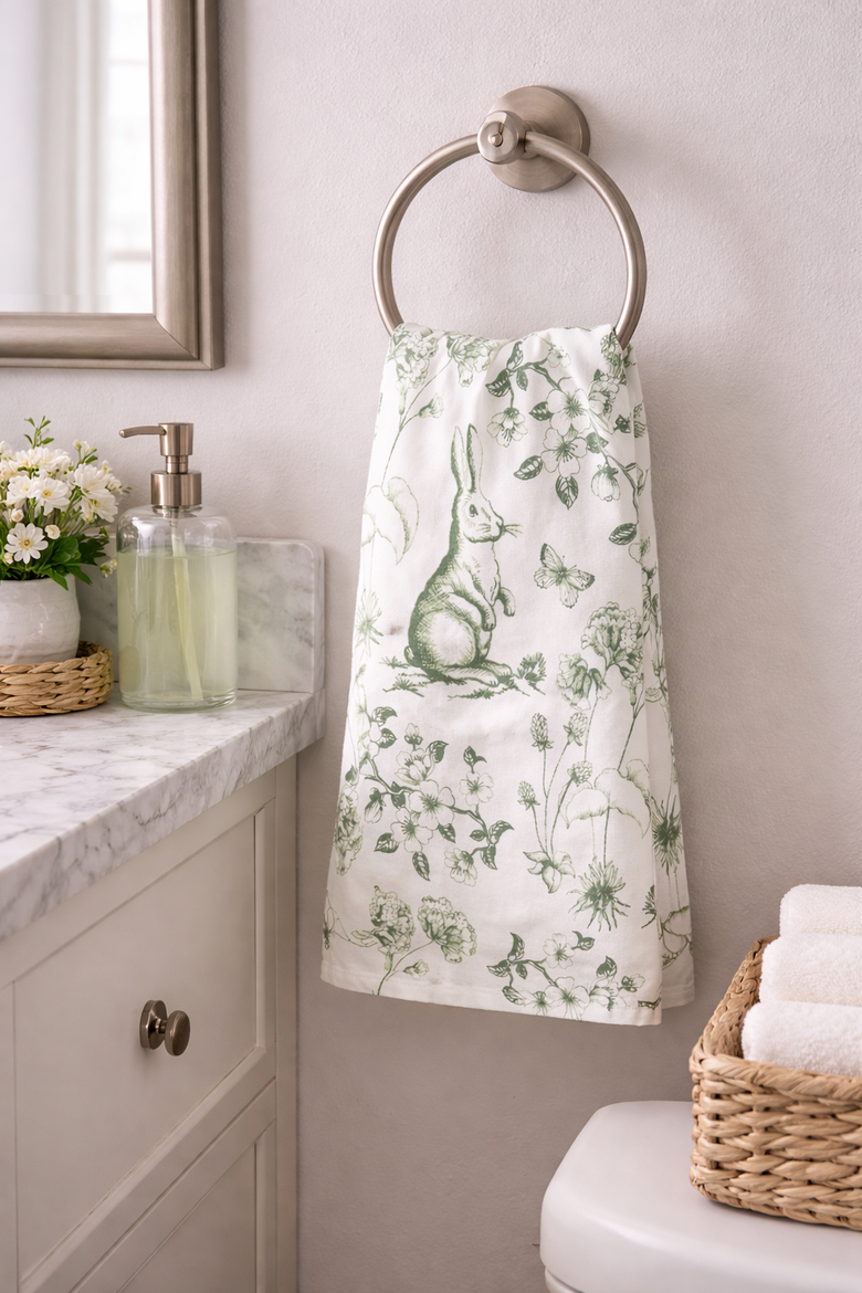 Spring Greens Easter Bunny Toile 100% Cotton Flour Sack Dishtowel, Alternate, color, Green