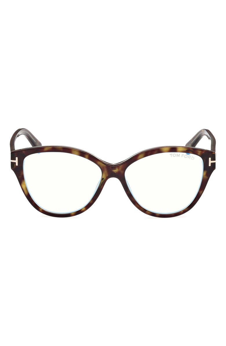 TOM FORD 54mm Cat Eye Blue Light Blocking Optical Glasses, Main, color, Havana And Turquoise / T Logo