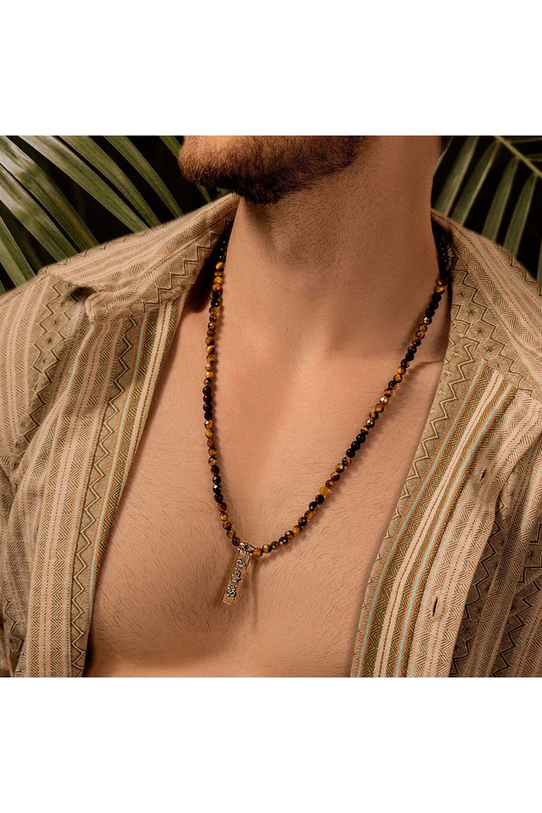 Men's Tiger’s Eye Onyx Bronze Pendant Beaded Necklace Fearless Spirit, Alternate, color, Brown