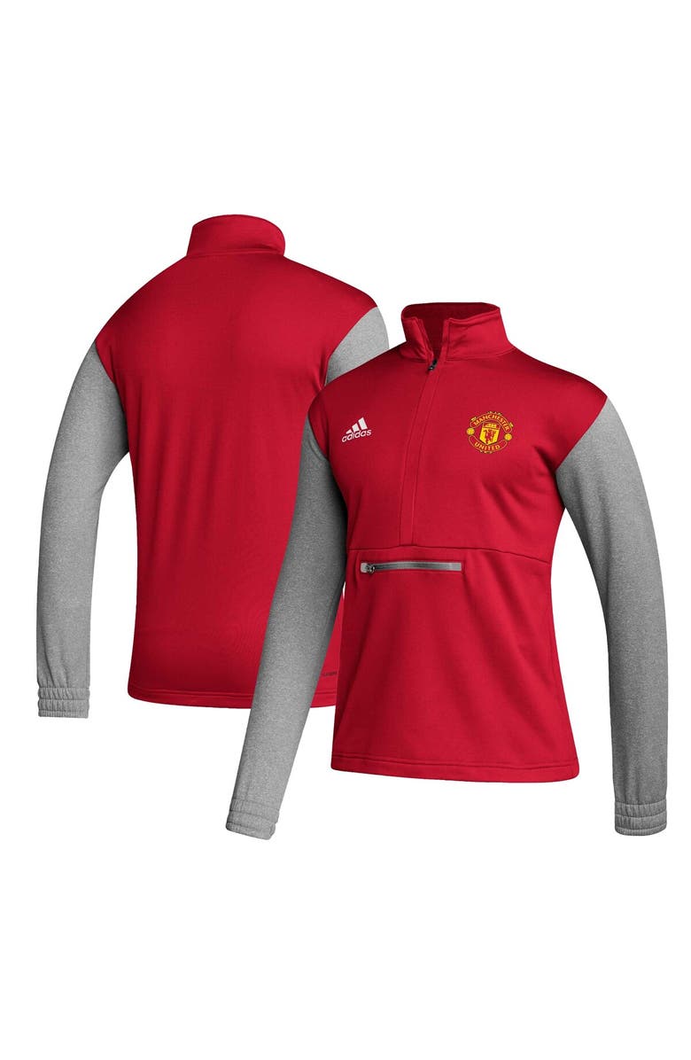 adidas Men's adidas Red Manchester United Crest Long Sleeve Half-Zip Top, Main, color, 