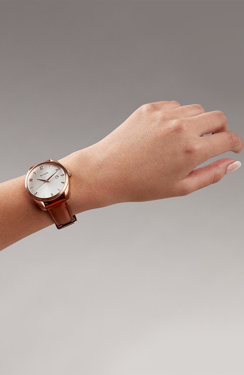 Nixon Thalia Leather Strap Watch, 38mm, Alternate, color, Rose Gold / White