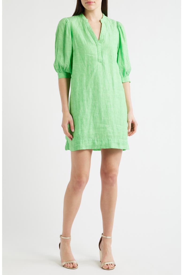 Mialeigh Elbow Sleeve Linen Shift Dress, Main, color, PUTTING GREEN X RESORT WHITE