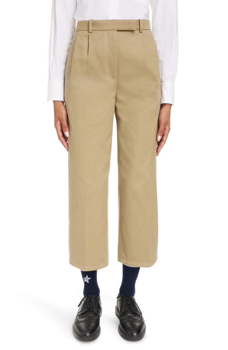 Thom Browne Relaxed Fit Pleated Crop Straight Leg Cotton Trousers, Main, color, Camel