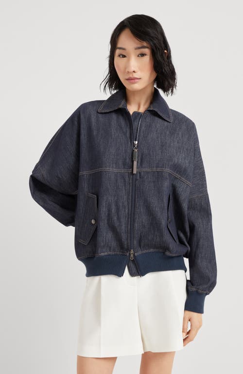 Brunello Cucinelli Denim-effect Twill Bomber Jacket With Shiny Zip In Dark Denim