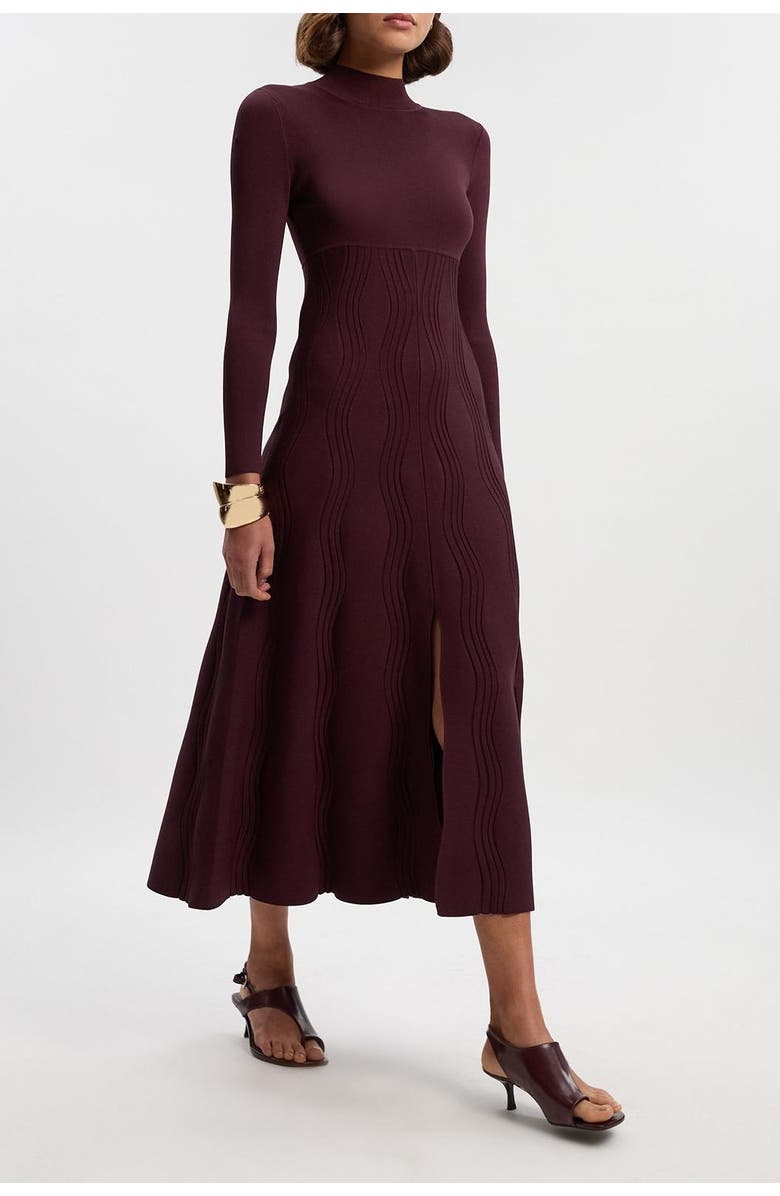 Karen Millen Wave Knit A-Line Long Sleeve Dress, Alternate, color, Burgundy