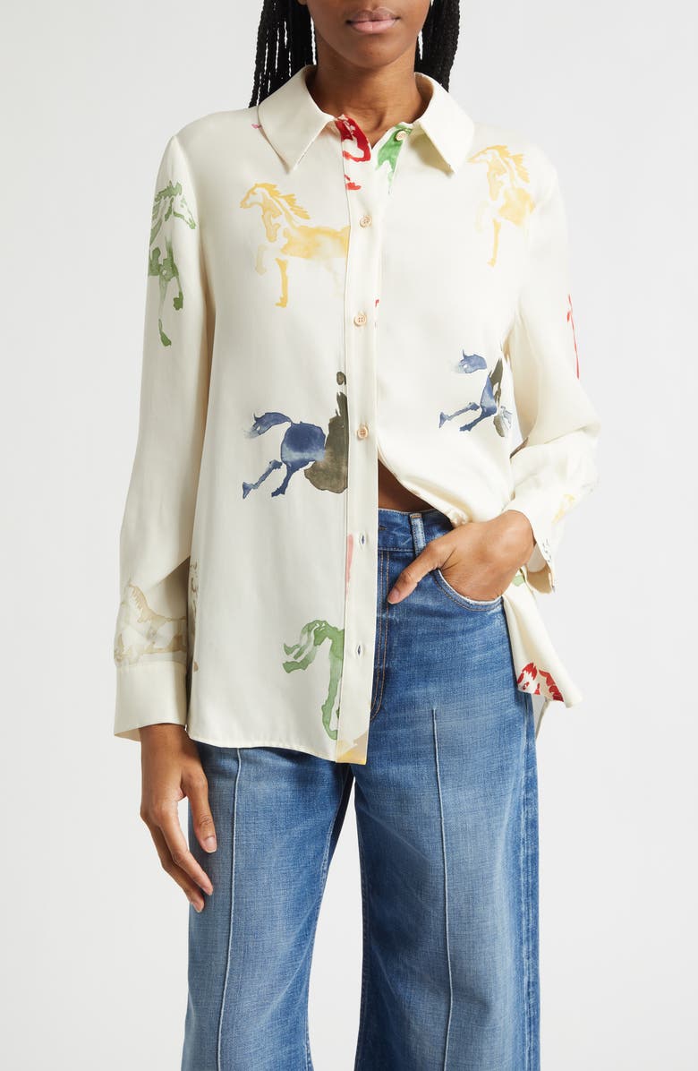 Stine Goya Watercolor Horse Print Button-Up Shirt, Main, color, Horses