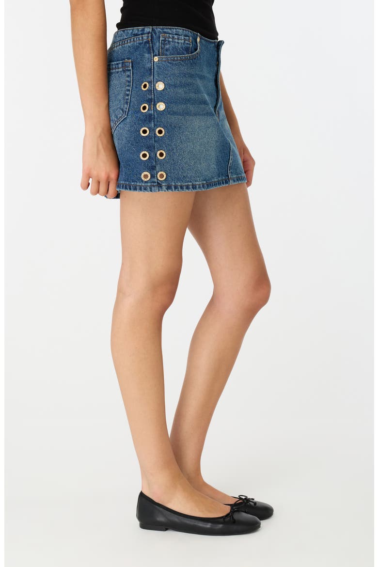 Ninfa Grommet Embellished Denim Miniskirt, Alternate, color, GOLD TINT WASH