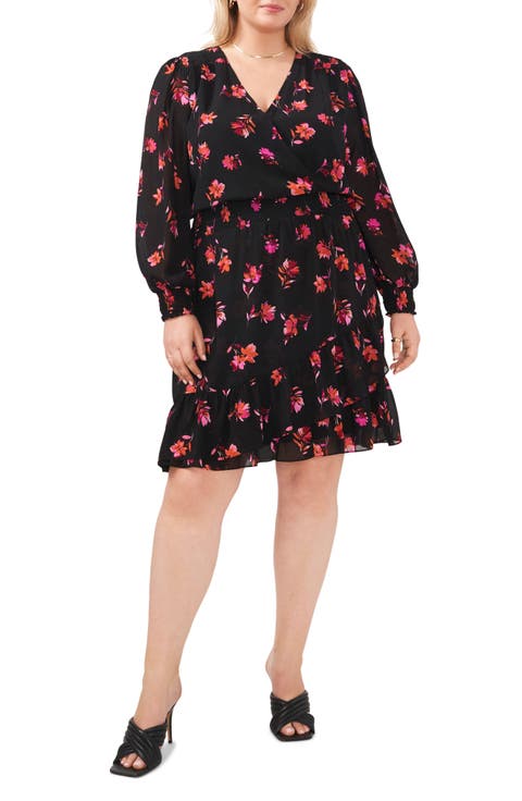 Smocked Floral Print Ruffle Long Sleeve Minidress (Plus Size)