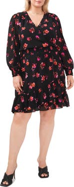 Vince Camuto Smocked Floral Print Ruffle Long Sleeve Minidress